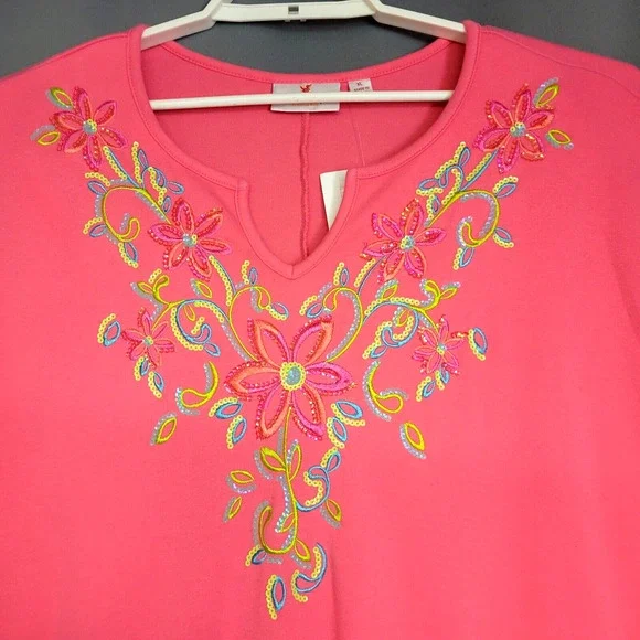 Quaker Factory Kraftan Dress Womens XL Pink Embroidered Sequin Floral Tunic New - Picture 9 of 13